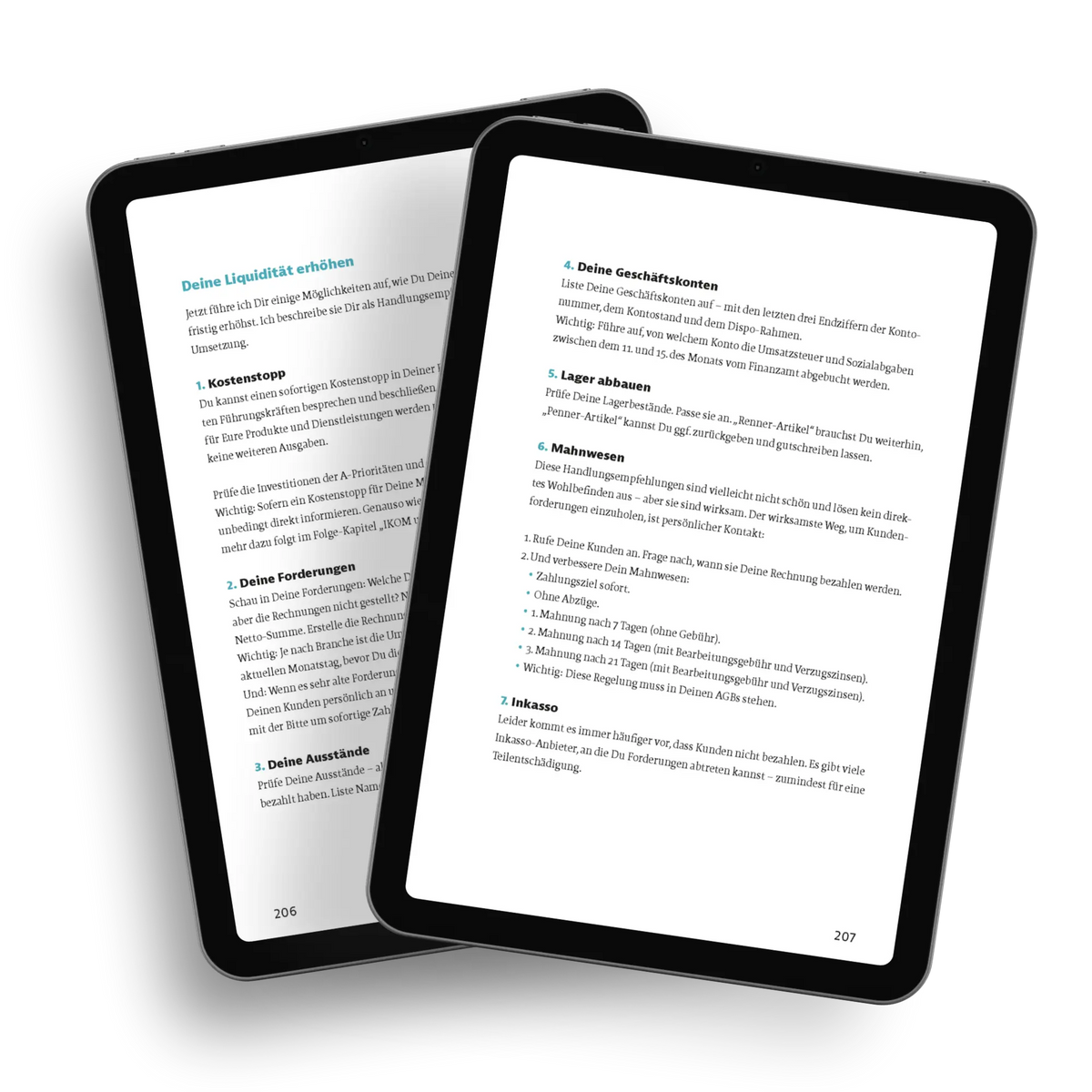 Mockup eines E Books von „Krise? Nutzen!“ von Marc Klejbor auf zwei Tablets, mit geöffneten Seiten zu Liquidität, Kostenkontrolle, Forderungsmanagement, Mahnwesen und finanzieller Unternehmenssteuerung für Unternehmer, Geschäftsführer und Führungskräfte.