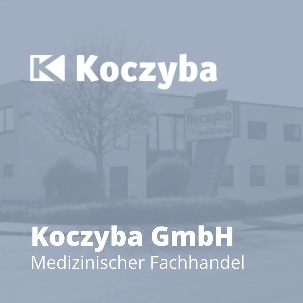 Referenzbild der Koczyba GmbH mit Logo und Text „Koczyba GmbH, Medizinischer Fachhandel“, im Hintergrund das Unternehmensgebäude, Partnerreferenz der Erfolgsimpulse GmbH.