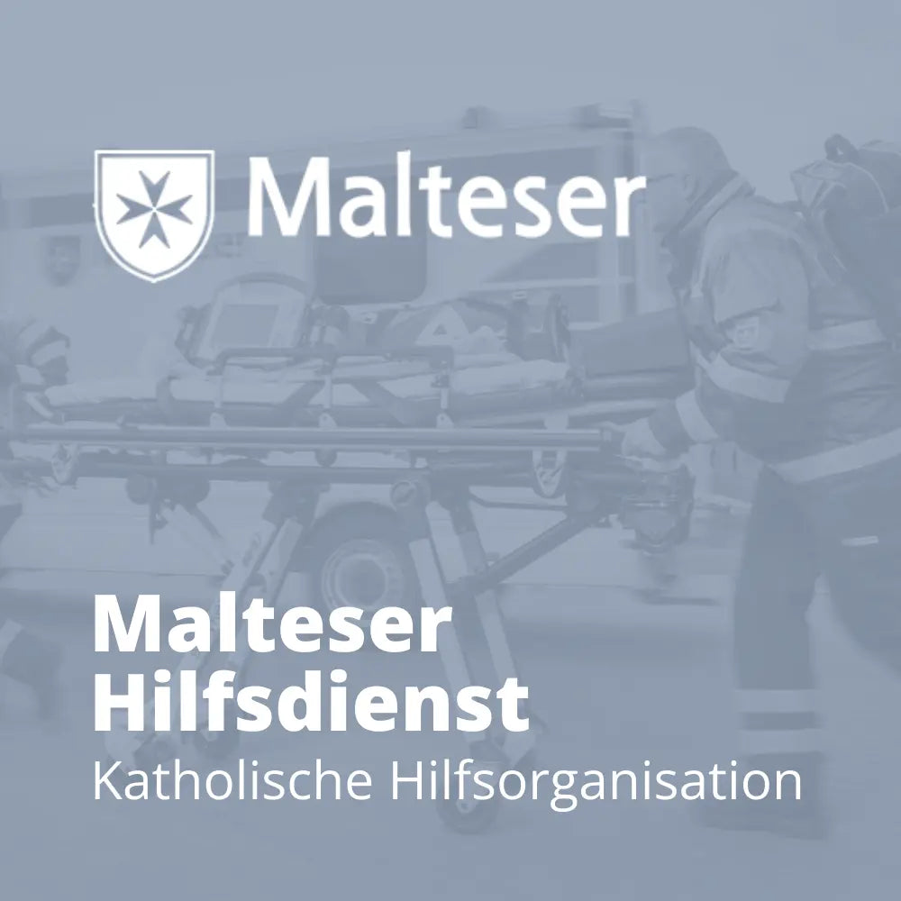 Referenzbild der Malteser mit Logo und Text „Malteser Hilfsdienst, Katholische Hilfsorganisation“, im Hintergrund Rettungseinsatz mit Trage, Partnerreferenz der Erfolgsimpulse GmbH.