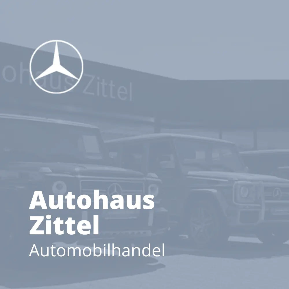 Referenzbild von Autohaus Zittel mit Mercedes-Benz Logo und Text „Autohaus Zittel, Automobilhandel“, im Hintergrund Fahrzeuge vor dem Autohaus, Partnerreferenz der Erfolgsimpulse GmbH.