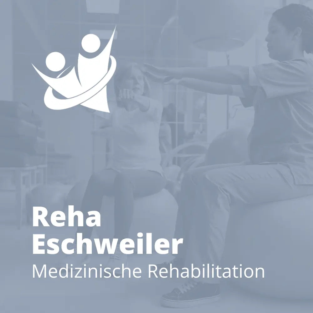 Referenzbild von Reha Eschweiler mit Logo und Text „Reha Eschweiler, Medizinische Rehabilitation“, im Hintergrund Therapieübung mit Trainerin und Patientin, Partnerreferenz der Erfolgsimpulse GmbH.