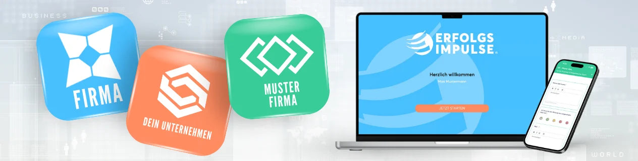 Eigenes Firmenbranding in der Erfolgsimpulse-App, personalisierte Oberfläche auf Desktop und Mobil
