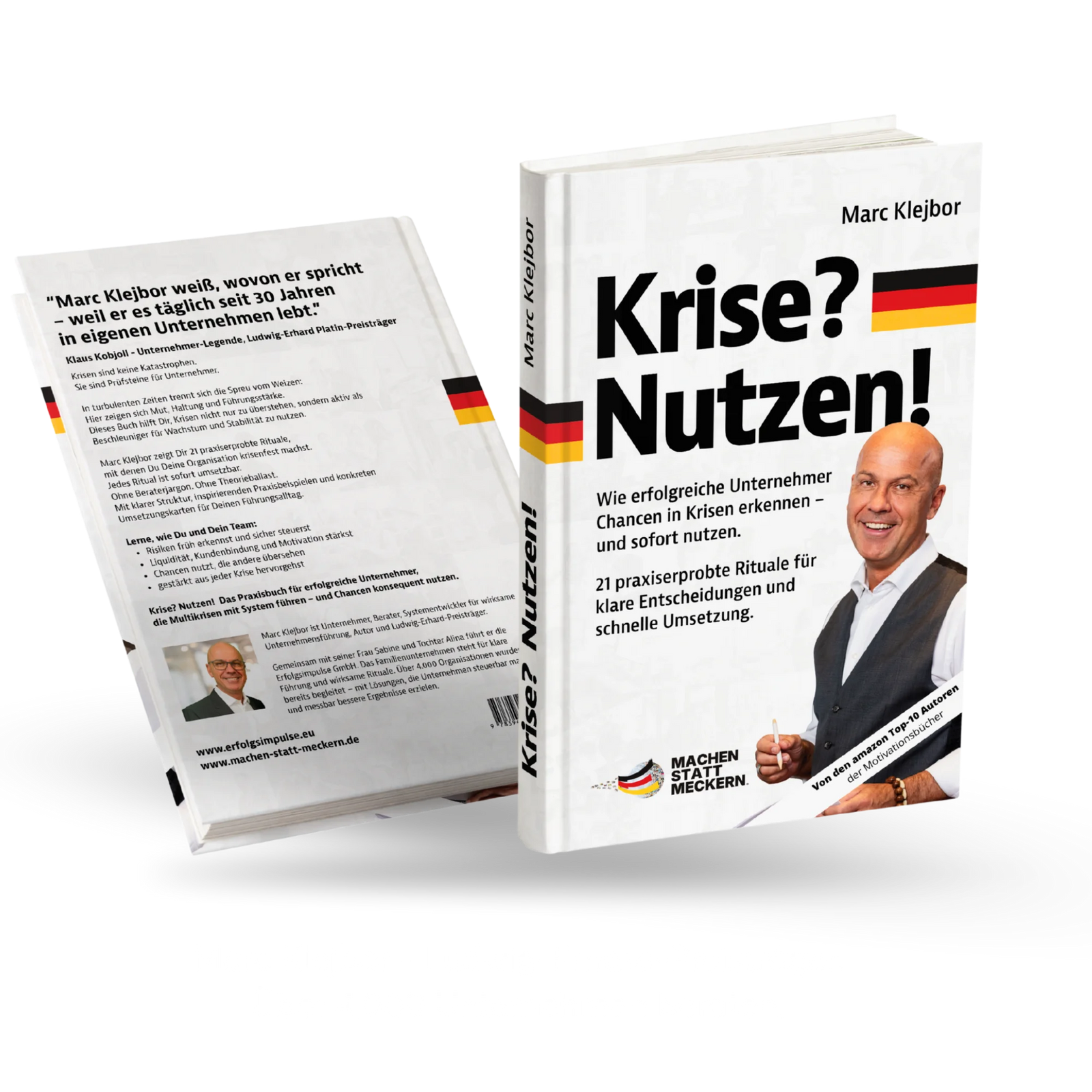 3D Buchcover Mockup des Businessbuchs „Krise? Nutzen!“ von Marc Klejbor, Ratgeber für Unternehmer und Führungskräfte über Krisenbewältigung, Chancen erkennen, Entscheidungen treffen und Unternehmen erfolgreich durch schwierige Zeiten führen.