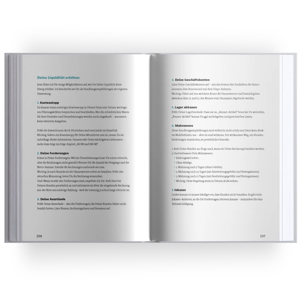 Aufgeschlagenes Buch mit Innenseiten von „Krise? Nutzen!“ von Marc Klejbor, mit konkreten Handlungsempfehlungen zur Erhöhung der Liquidität, Kostenstopp, Forderungsmanagement, Mahnwesen, Lagerabbau und Inkasso, als Businessbuch für Unternehmer, Geschäftsführer und Führungskräfte zur finanziellen Unternehmenssteuerung.