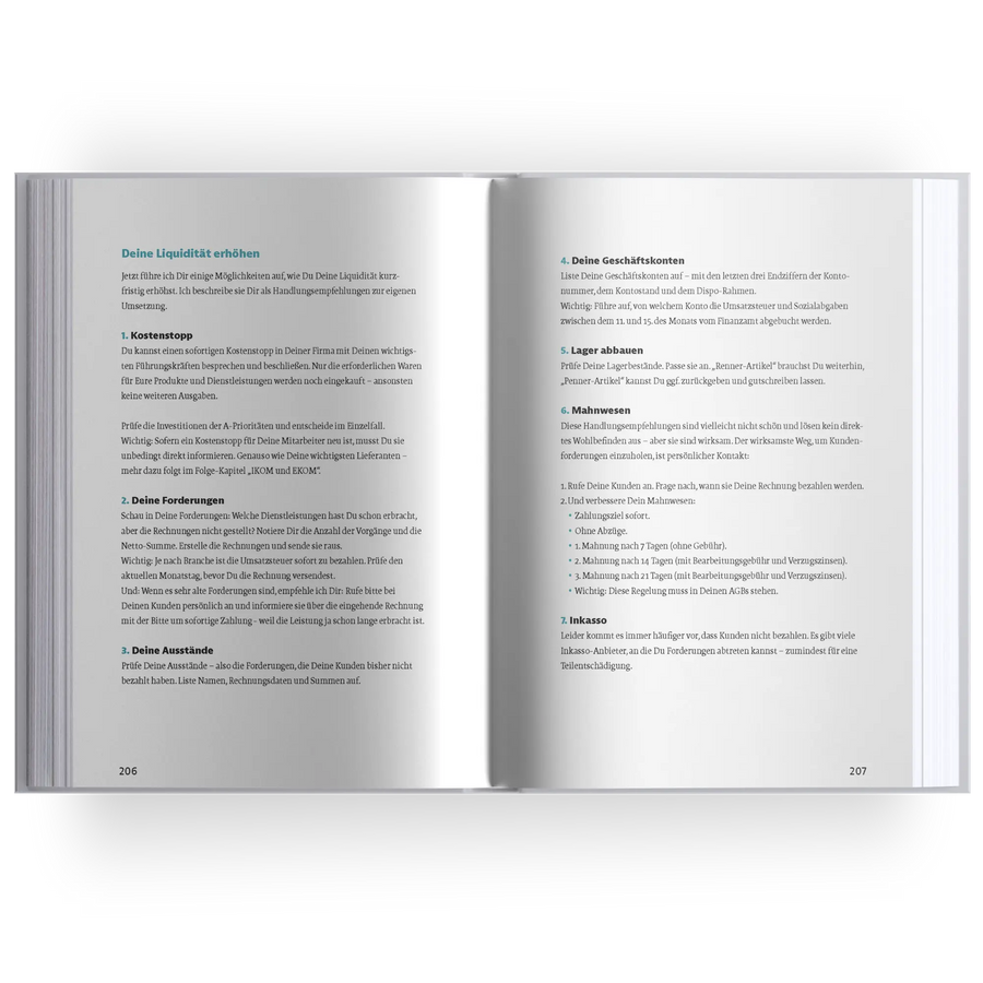 Aufgeschlagenes Buch mit Innenseiten von „Krise? Nutzen!“ von Marc Klejbor, mit konkreten Handlungsempfehlungen zur Erhöhung der Liquidität, Kostenstopp, Forderungsmanagement, Mahnwesen, Lagerabbau und Inkasso, als Businessbuch für Unternehmer, Geschäftsführer und Führungskräfte zur finanziellen Unternehmenssteuerung.