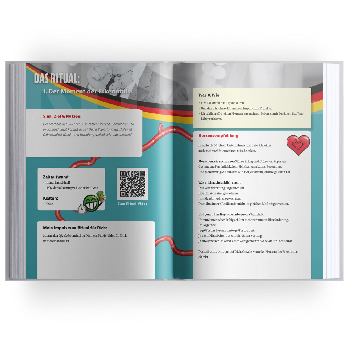 Aufgeschlagenes Buch mit Innenseiten von „Krise? Nutzen!“ von Marc Klejbor, links mit dem Ritual „Der Moment der Erkenntnis“ inklusive Sinn, Nutzen, Zeitaufwand und QR Code zum Praxisvideo, rechts mit Handlungsempfehlungen und persönlichen Impulsen für Unternehmer, als Businessbuch über Krisenmanagement, Resilienz, Führung und praxisnahe Umsetzung.