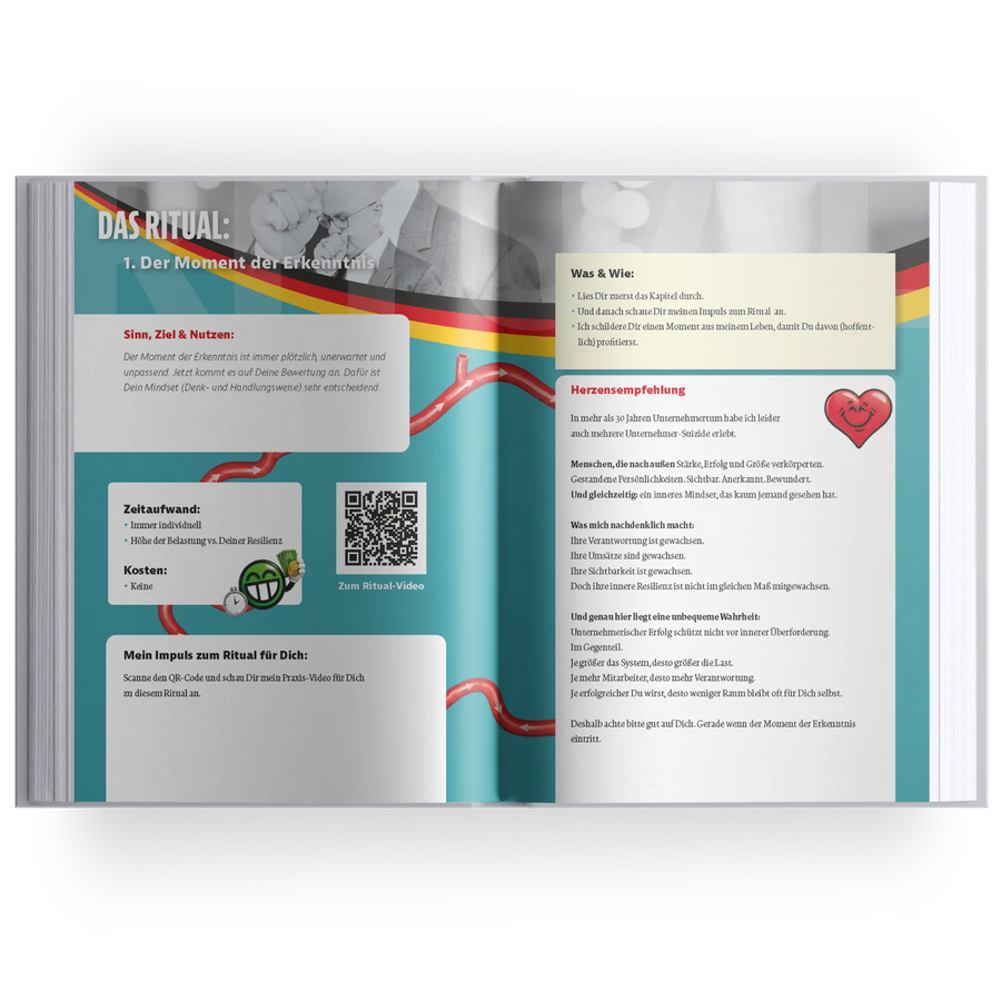 Aufgeschlagenes Buch mit Innenseiten von „Krise? Nutzen!“ von Marc Klejbor, links mit dem Ritual „Der Moment der Erkenntnis“ inklusive Sinn, Nutzen, Zeitaufwand und QR Code zum Praxisvideo, rechts mit Handlungsempfehlungen und persönlichen Impulsen für Unternehmer, als Businessbuch über Krisenmanagement, Resilienz, Führung und praxisnahe Umsetzung.