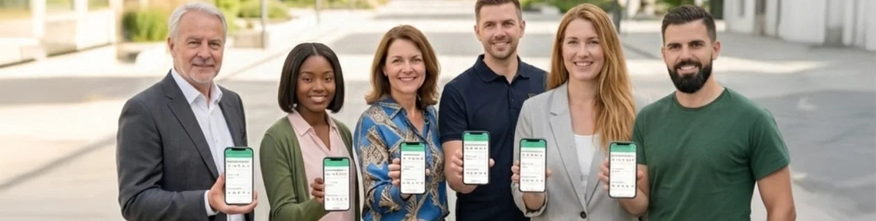 6 Personen aus verschiedenen Branchen, jeder hat seine eigene Erfolgsimpulse-App auf dem Handy
