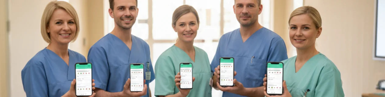 Team im Pflegealltag, jeder Mitarbeiter hat seine eigene Erfolgsimpulse-App auf dem Handy