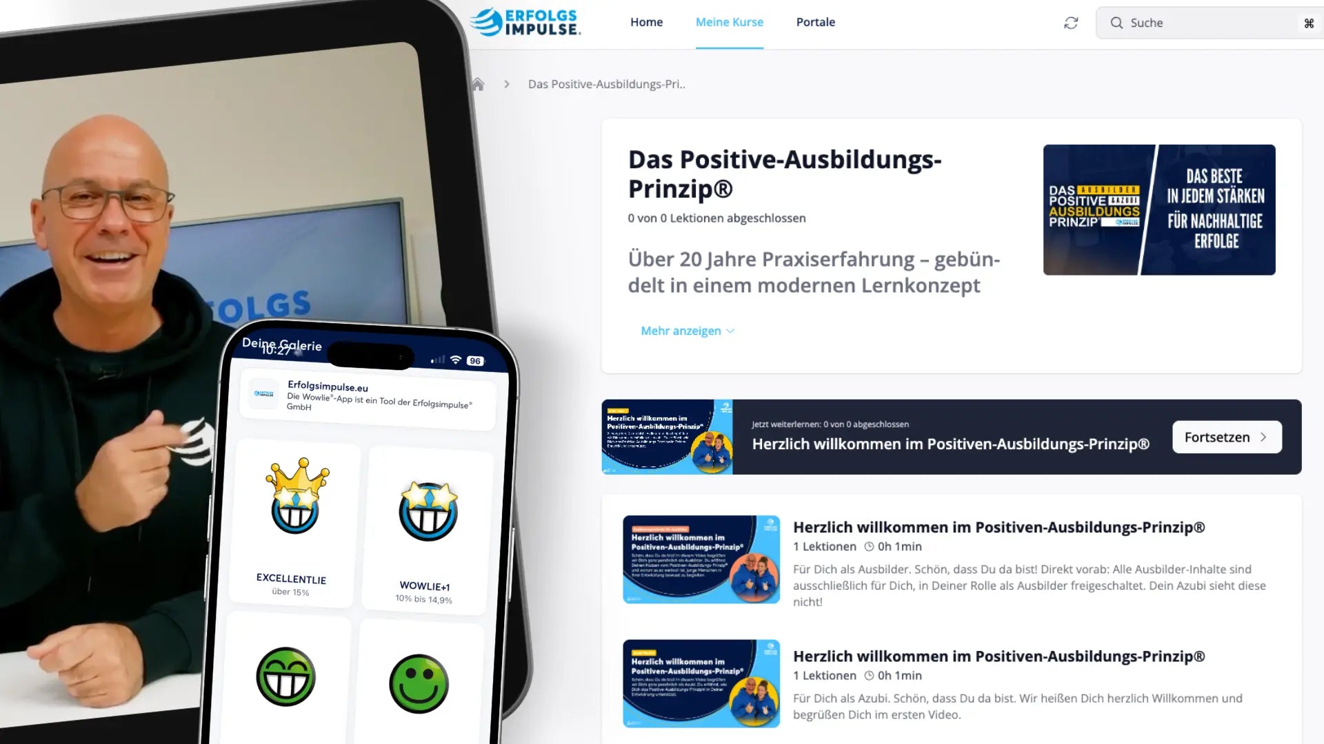 Tablet mit Marc Klejbor, Smartphone mit Wowlie App und geöffnete Erfolgsimpulse Academy zum Positiven Ausbildungsprinzip, digitale Lern und Entwicklungsplattform der Erfolgsimpulse GmbH.
