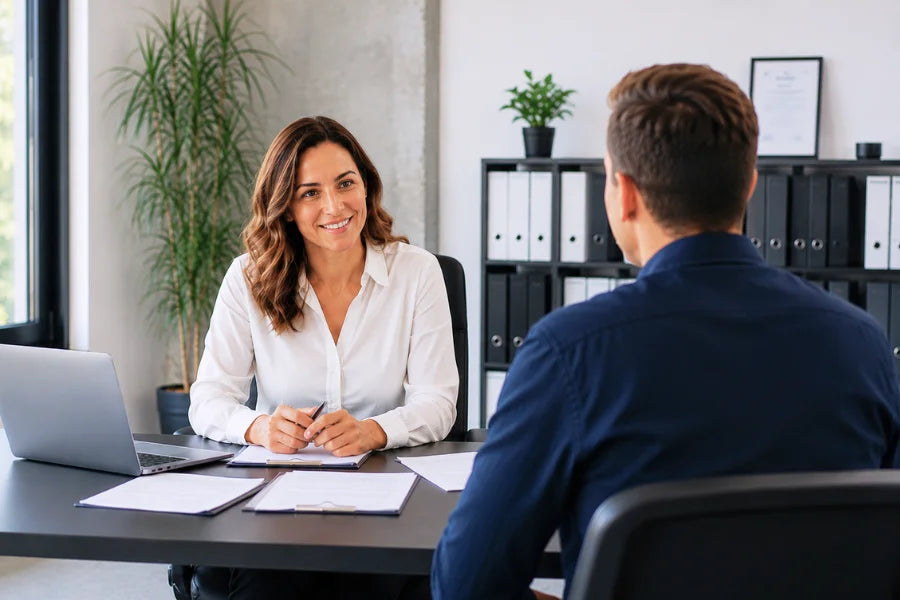 Hero Bild zum Bewerber-Analyse-Paket, mit Bewerbungsgespräch im Büro zwischen Personalverantwortlicher und Bewerber, als Business Motiv für professionelle Bewerberauswahl, strukturierte Interviewführung und fundierte Personalentscheidungen.