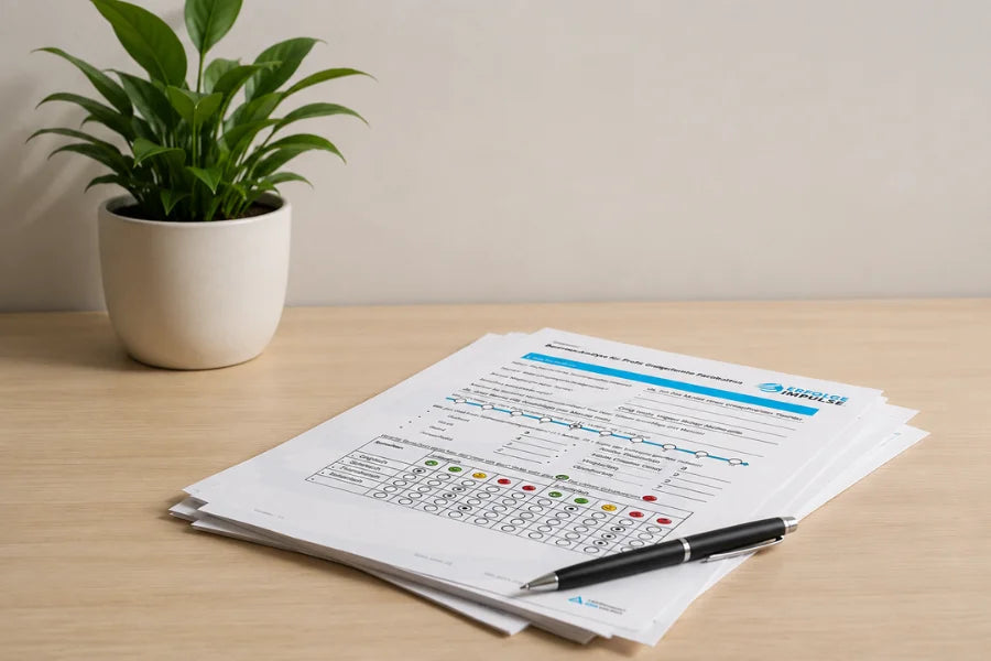 Produktgrafik zum Bewerber Analyse Paket von Erfolgsimpulse, mit ausgefüllten Analyseunterlagen und Kugelschreiber auf einem Schreibtisch, als Business Motiv für strukturierte Bewerberbewertung, professionelle Personalauswahl und sofort einsetzbare Recruiting Dokumente mit dem Bewerber-Analyse-Paket.