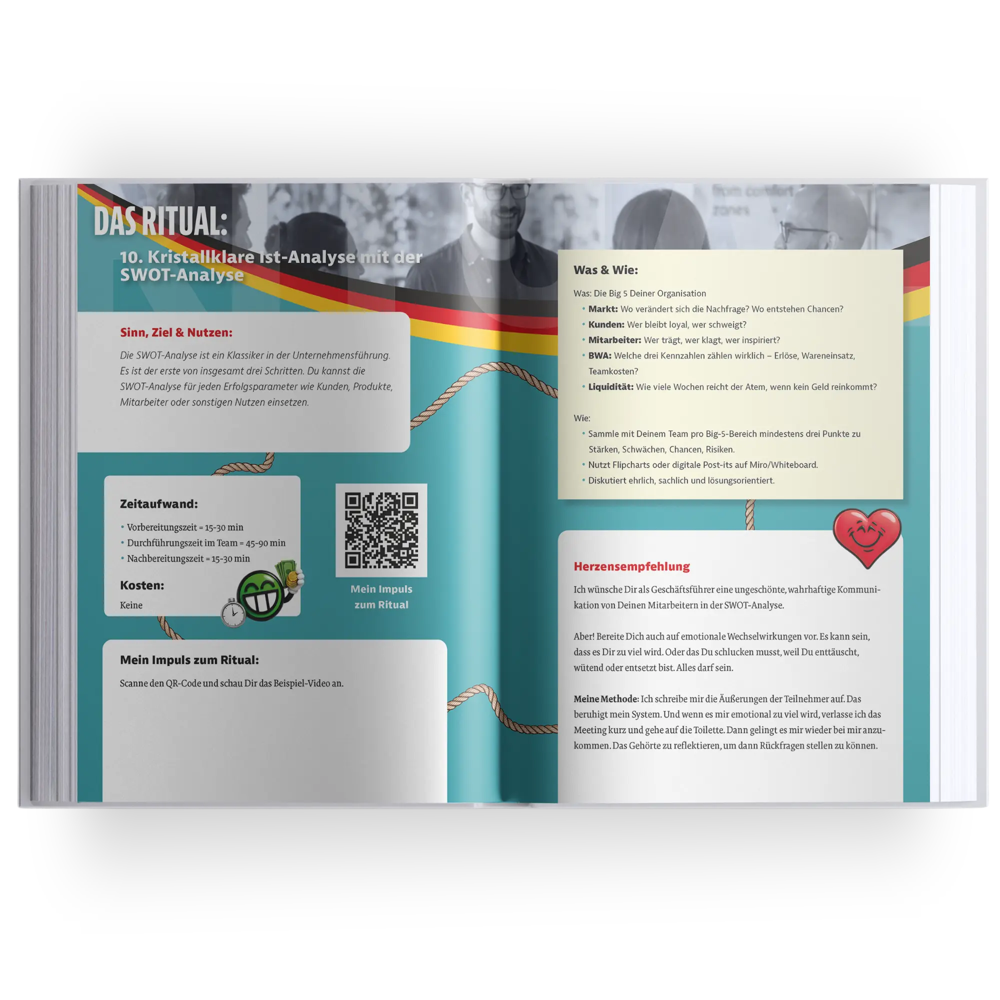 Aufgeschlagenes Buch mit einer gestalteten Innenseite aus „Krise? Nutzen!“ von Marc Klejbor, mit Kapitel zur kristallklaren Ist Analyse per SWOT Analyse, praktischen Handlungshinweisen, Zeitaufwand, QR Code und Herzensempfehlung, als Businessbuch für Krisenmanagement, strategische Unternehmensführung und direkte Umsetzung im Unternehmeralltag.