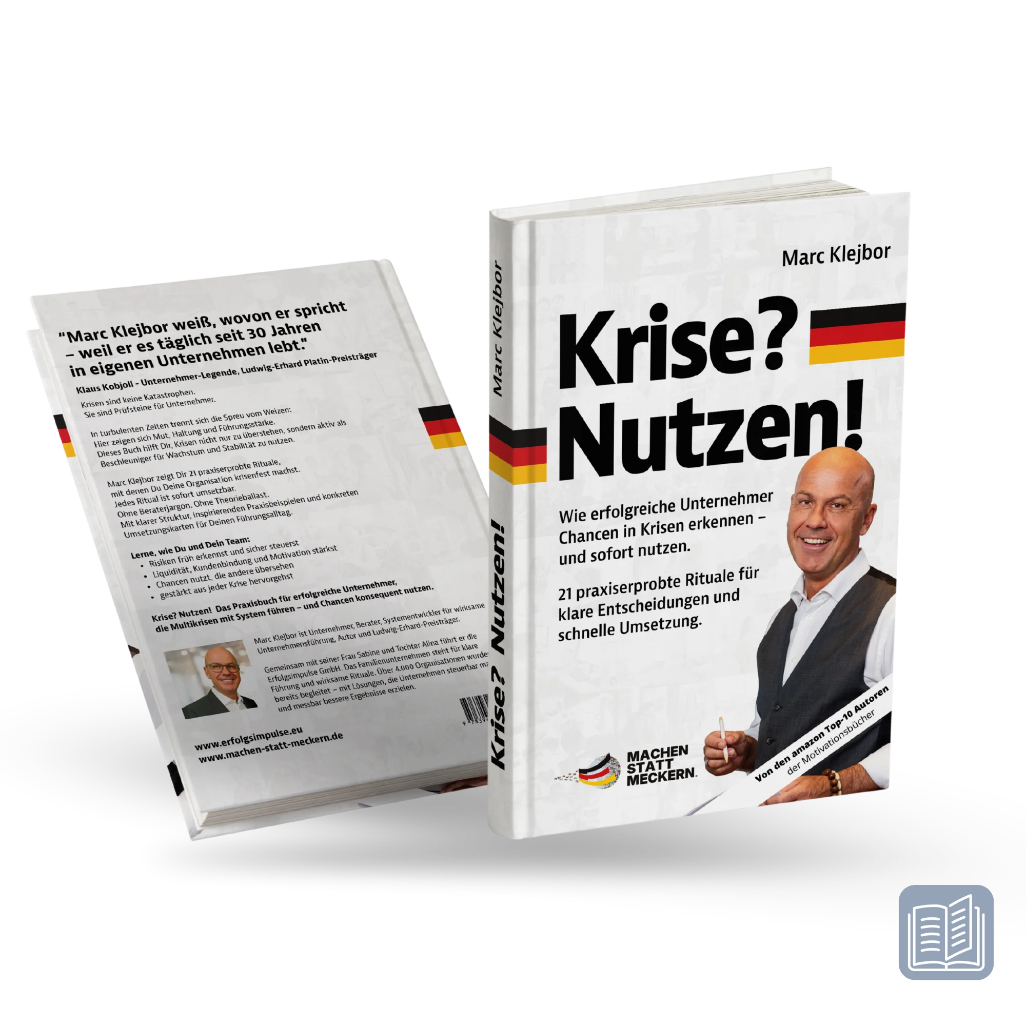 Buch Mockup von „Krise? Nutzen!“ von Marc Klejbor mit Vorderseite und Rückseite, als Businessbuch über Krisenmanagement, Chancen in der Krise, unternehmerische Entscheidungen und wirksame Führung für Unternehmer und Führungskräfte.
