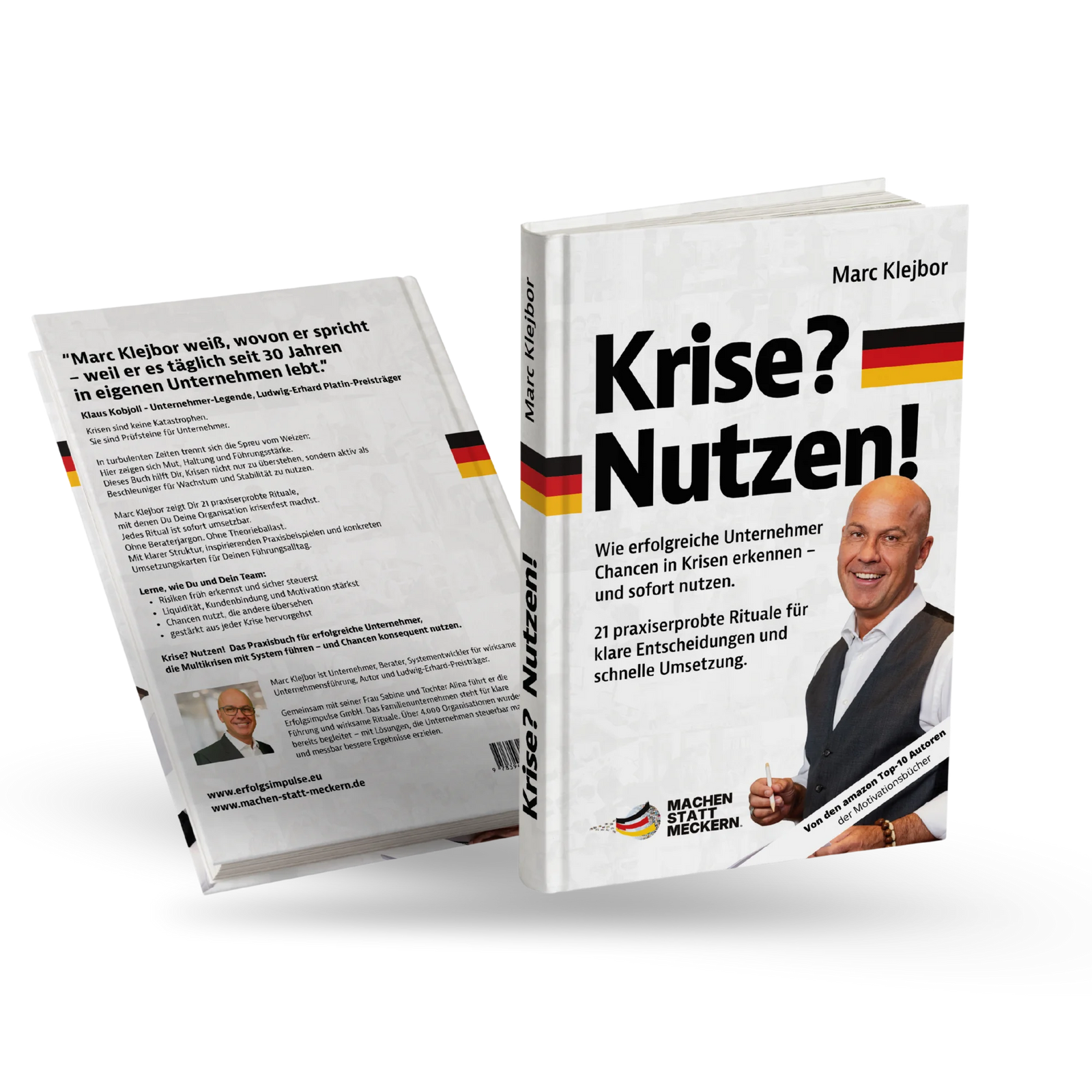 3D Buchcover Mockup des Businessbuchs „Krise? Nutzen!“ von Marc Klejbor, Ratgeber für Unternehmer und Führungskräfte über Krisenbewältigung, Chancen erkennen, Entscheidungen treffen und Unternehmen erfolgreich durch schwierige Zeiten führen.