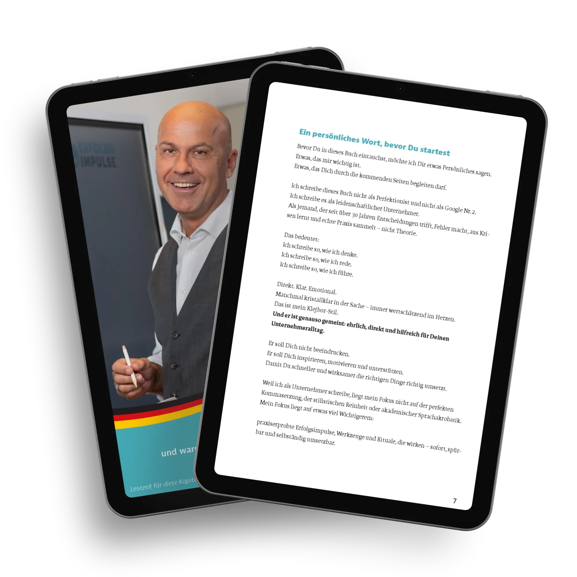E-Book Mockup mit geöffneten Seiten von „Krise? Nutzen!“ von Marc Klejbor auf zwei Tablets, mit Autorenfoto und lesbarer Buchseite, als digitales Businessbuch über Krisenmanagement, unternehmerische Entscheidungen, Führung und praxisnahe Umsetzung.