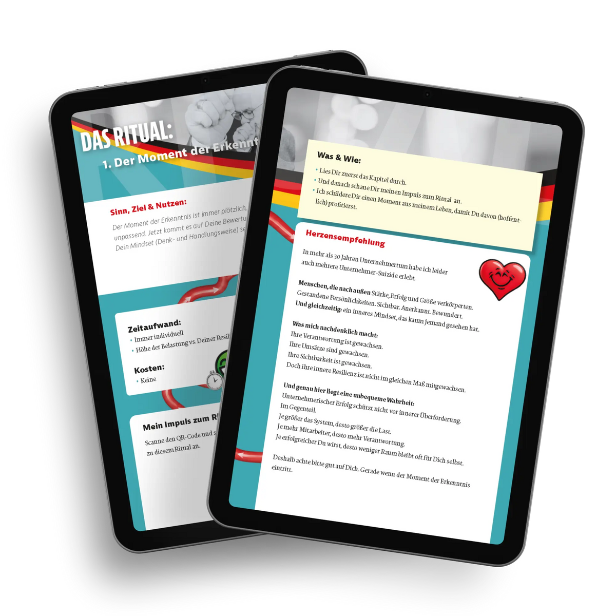 Mockup eines E Books von „Krise? Nutzen!“ von Marc Klejbor auf zwei Tablets, mit geöffneten Seiten zum Ritual „Der Moment der Erkenntnis“, inklusive Handlungsempfehlungen, Herzensempfehlung und praxisnahen Impulsen für Unternehmer, Geschäftsführer und Führungskräfte.
