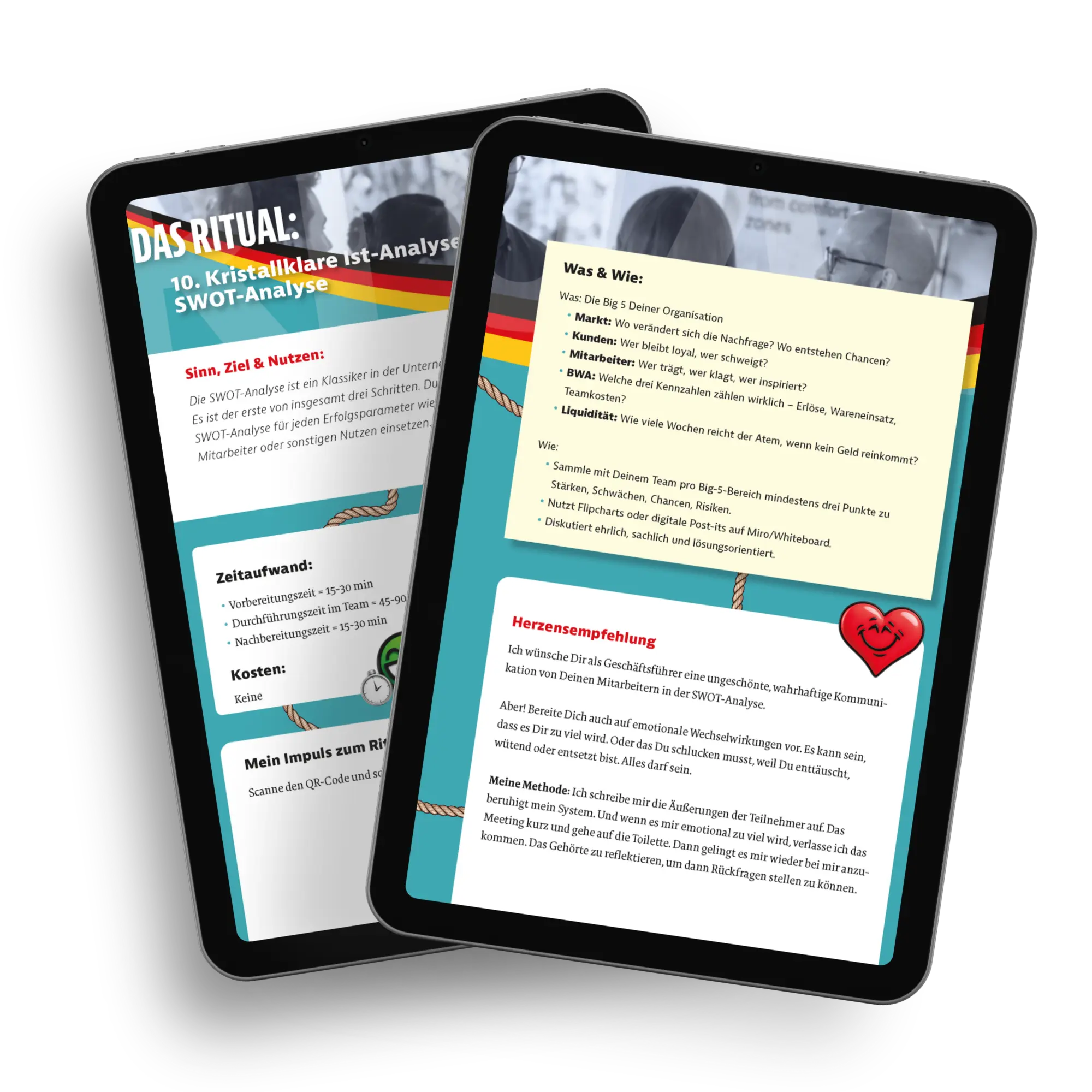 E-Book Mockup mit geöffneten Seiten von „Krise? Nutzen!“ von Marc Klejbor auf zwei Tablets, mit farbig gestalteter Ritualseite zur SWOT Analyse und praxisnahen Inhalten zu Krisenmanagement, Unternehmensführung und strategischer Umsetzung.