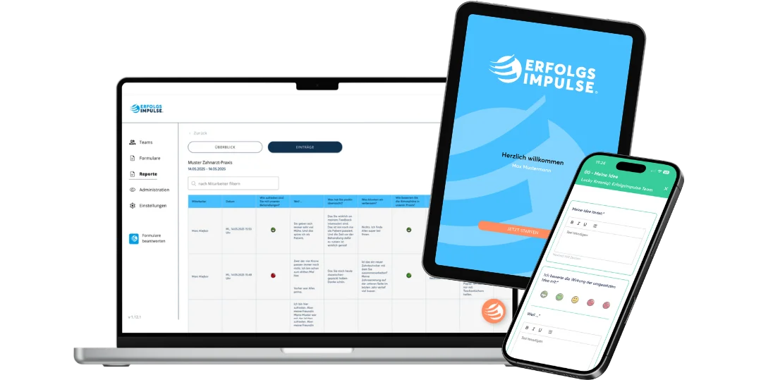 Hero Grafik der Erfolgsimpulse App auf Laptop, Tablet und Smartphone, mit Startscreen und digitalem Formular für Feedback, Reflexion und wirksame Mitarbeiterführung der Erfolgsimpulse GmbH.
