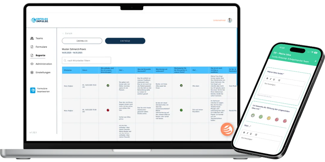 Hero Grafik der Erfolgsimpulse App auf Laptop und Smartphone, mit Startscreen und digitalem Formular für Feedback, Reflexion und wirksame Mitarbeiterführung der Erfolgsimpulse GmbH.