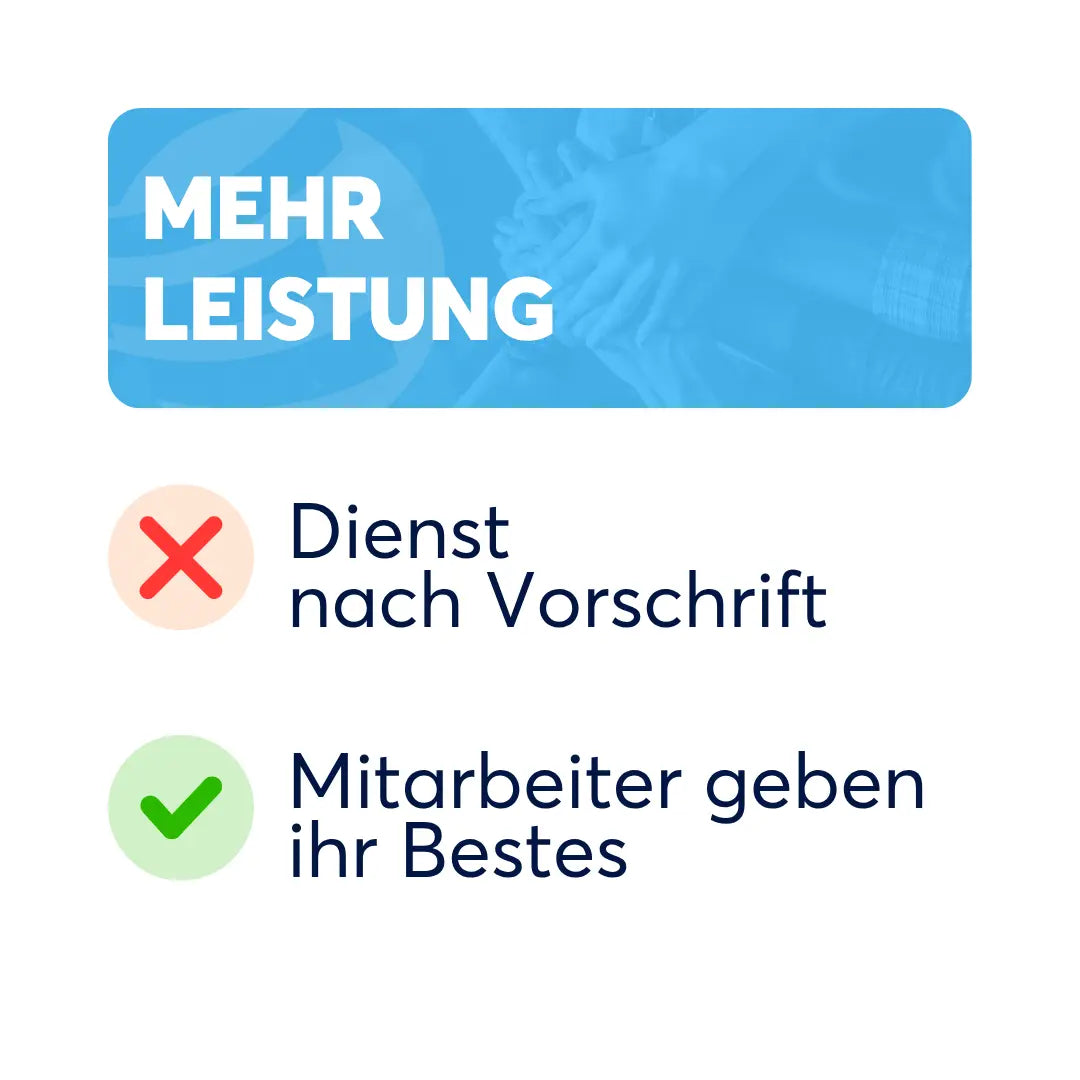 Grafik zu mehr Leistung im Unternehmen, Mitarbeiter geben ihr Bestes statt Dienst nach Vorschrift, Erfolgsimpulse für Motivation, Wertschätzung und bessere Unternehmenskultur.