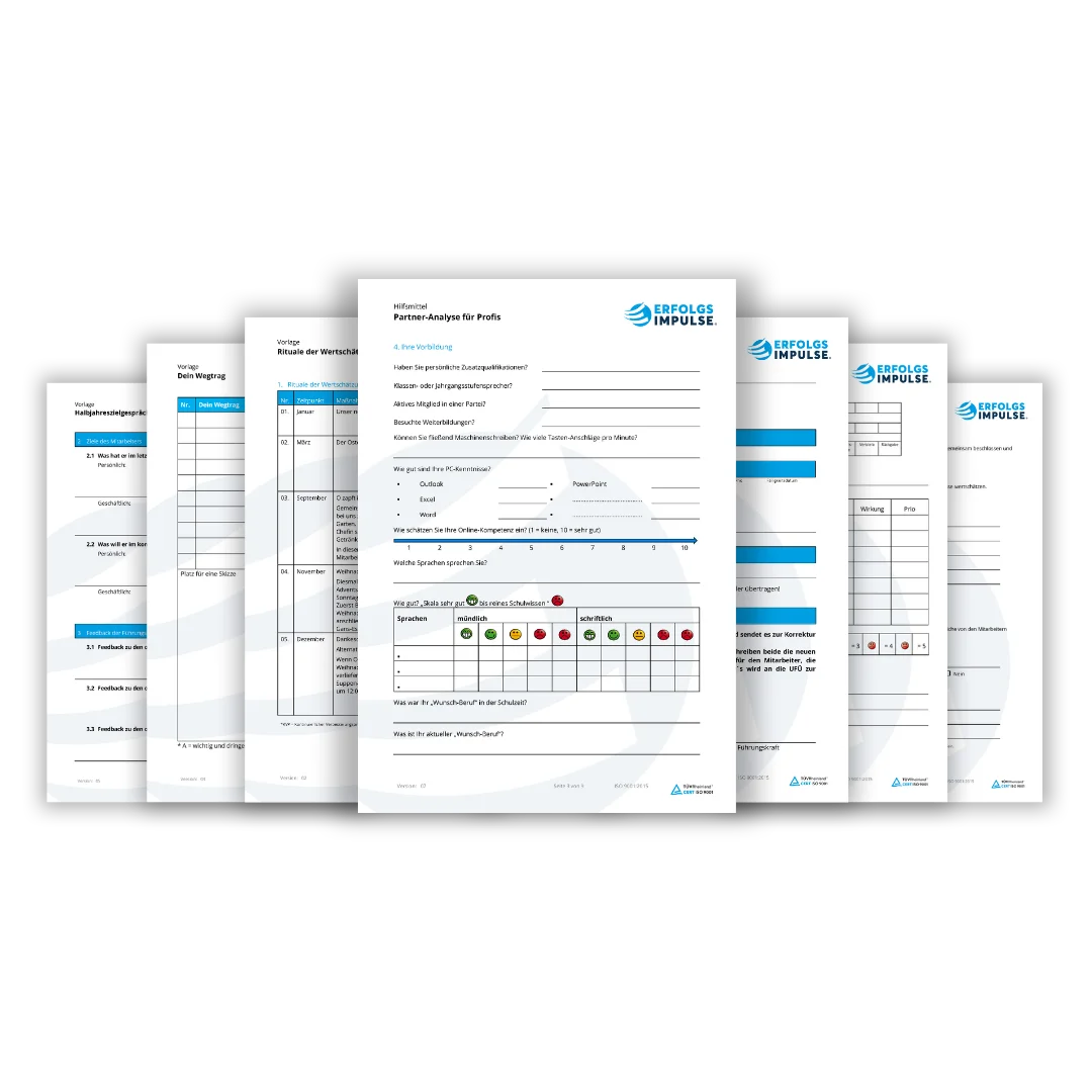Grafik mit Vorlagen und Arbeitsblättern zum Buch „Rituale der Wertschätzung“ von Marc Klejbor, Gratis Download mit praxistauglichen Tools für Mitarbeitergespräche, Führung und Wertschätzung im Unternehmen.