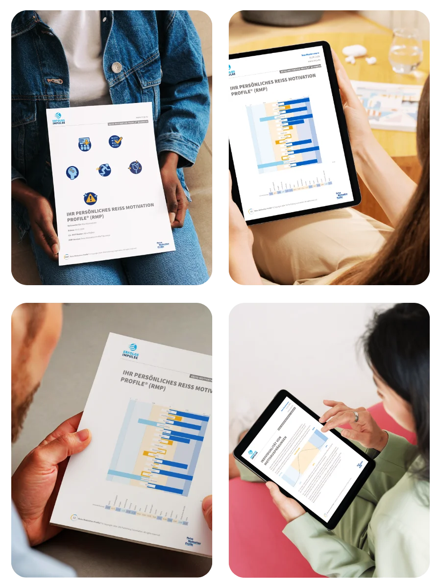 Reiss Motivation Profile Unterlagen als 4er Collage, physisch als Ausdruck und digital auf Tablet dargestellt, Analyse und Coaching Angebot der Erfolgsimpulse GmbH.
