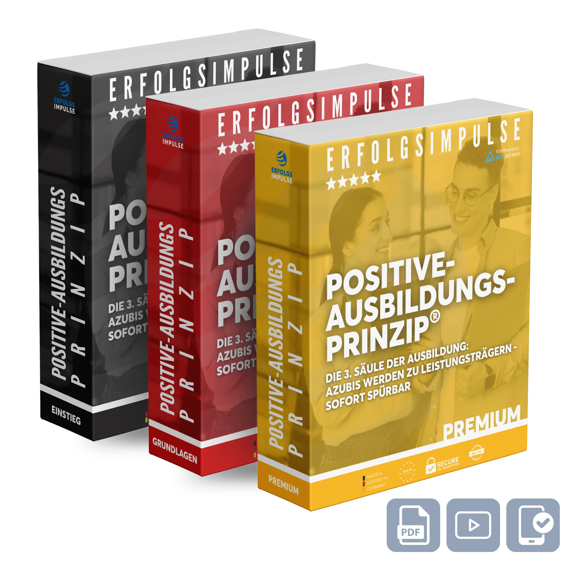 Produktgrafik mit drei 3D Boxen des Positiven-Ausbildungs-Prinzips® von Erfolgsimpulse® in den Editionen Einstieg(Black), Grundlagen(Red) und Premium(Yellow), als modulares Ausbildungs und Entwicklungskonzept für Azubis mit digitalen Inhalten, PDF Dokumenten, Modul-Videos und praxisnaher Umsetzung im Unternehmen.