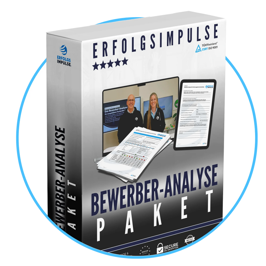 3D Produktbox des Bewerber-Analyse-Pakets von Erfolgsimpulse, mit Darstellung von Onlinekurs, Analysebogen und digitalem Bewertungsformular, als sofort einsetzbare Lösung für strukturierte Bewerberanalyse, professionelle Personalauswahl und fundierte Recruiting Entscheidungen.