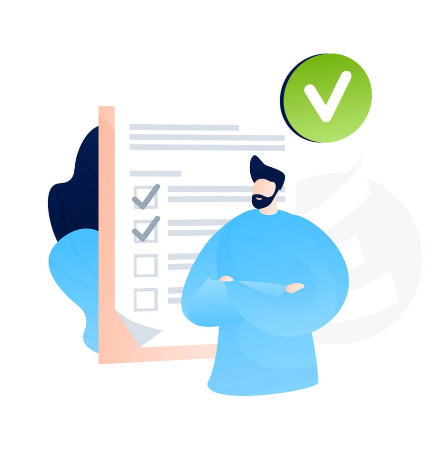 Illustration einer Person vor einer Checkliste mit Haken und Bestätigungssymbol, Symbolbild für klare Umsetzung, Verbindlichkeit und erfolgreich abgeschlossene Aufgaben im Unternehmen.