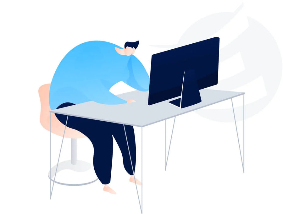 Illustration einer erschöpften Person am Schreibtisch vor dem Computer, Symbolbild für Überlastung, Frustration und fehlende Wirksamkeit im Arbeitsalltag von Unternehmen.